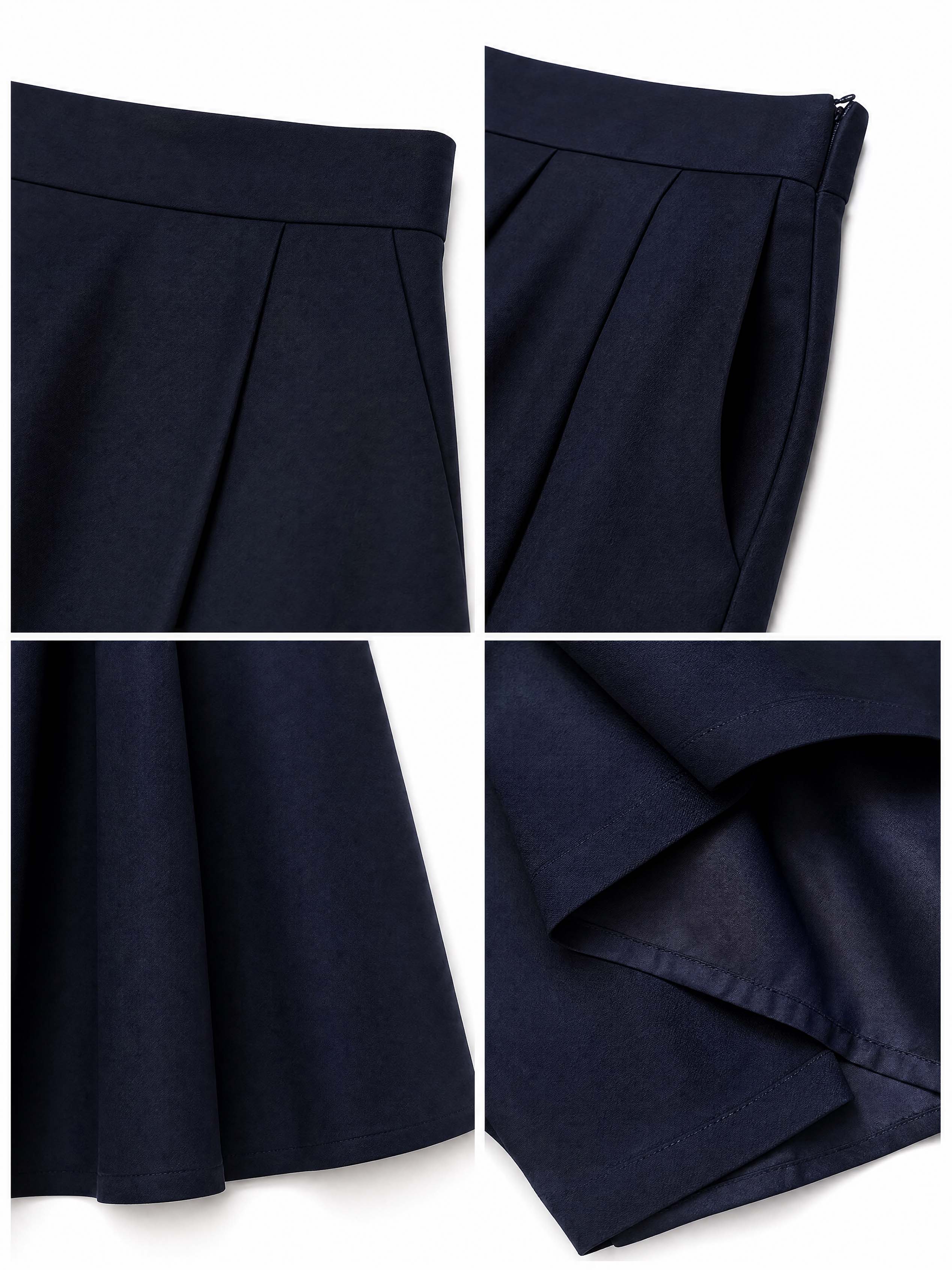 French Retro Navy Flared Midi Skirt With Pockets