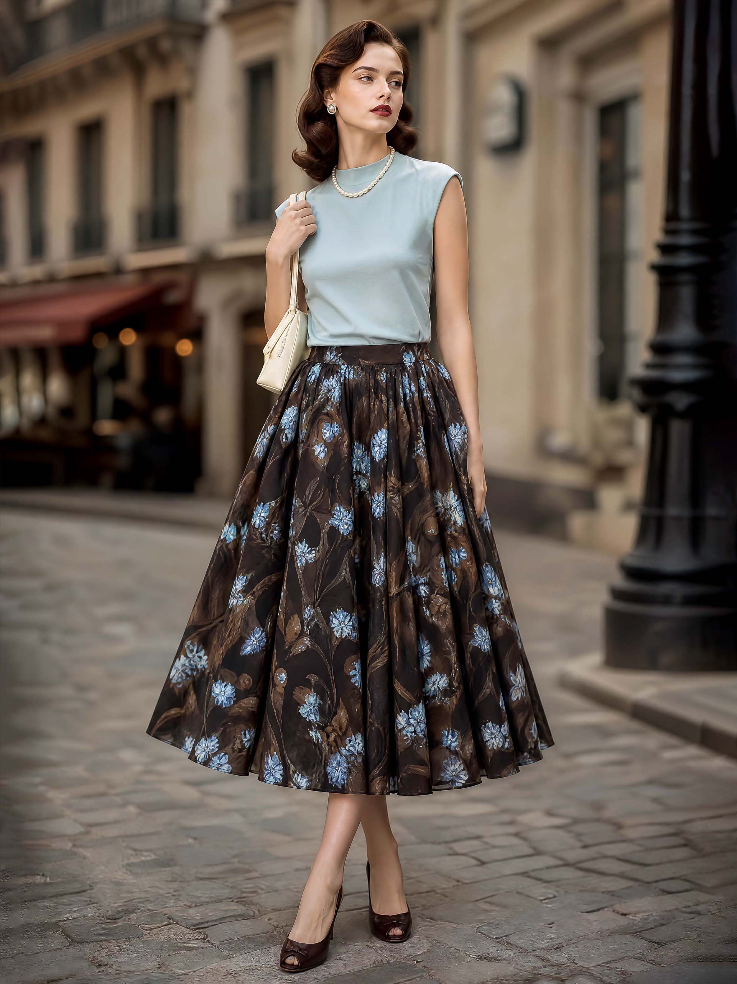 Vintage Brown Floral Print Flared Midi Skirt