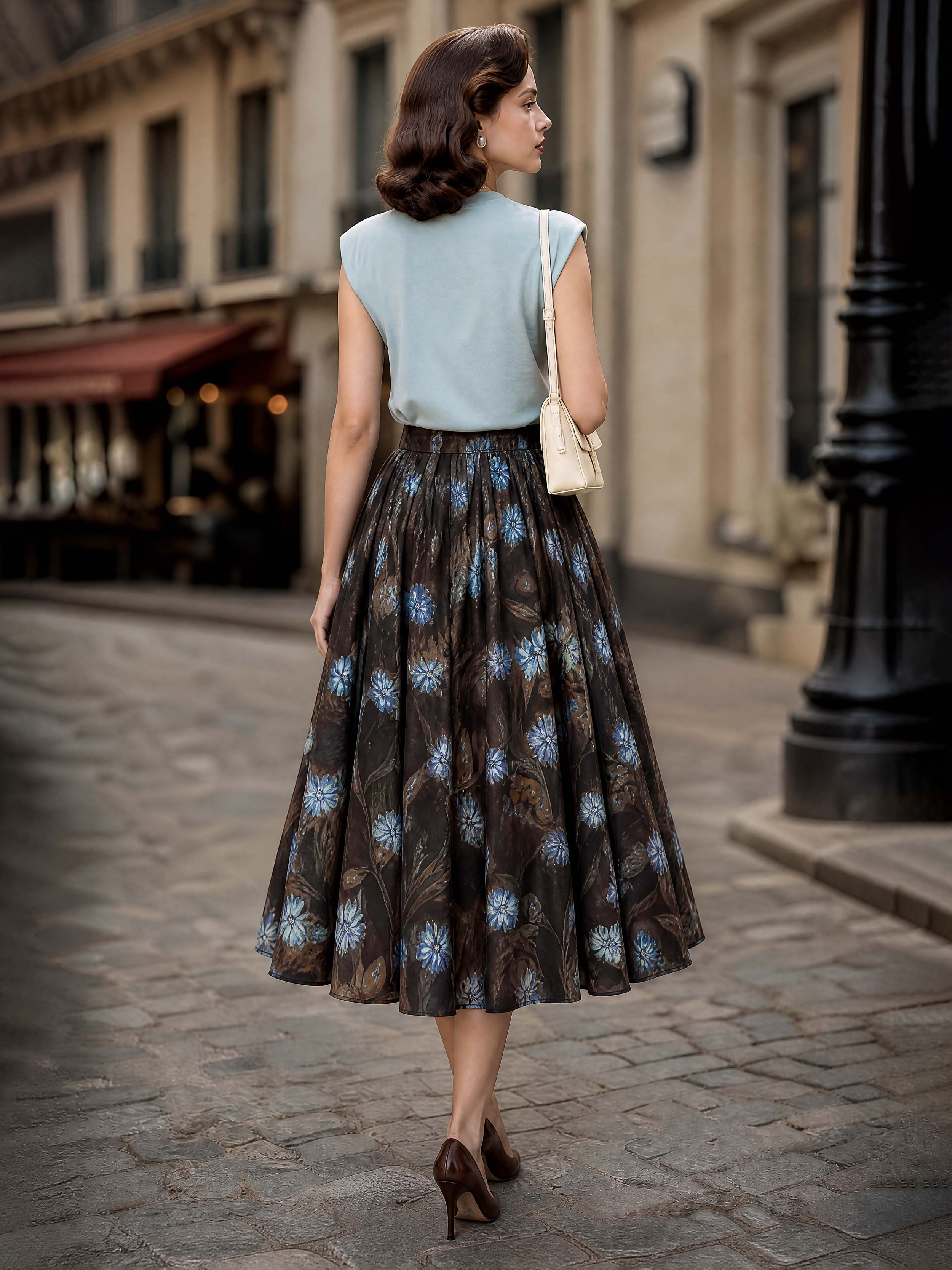Vintage Brown Floral Print Flared Midi Skirt