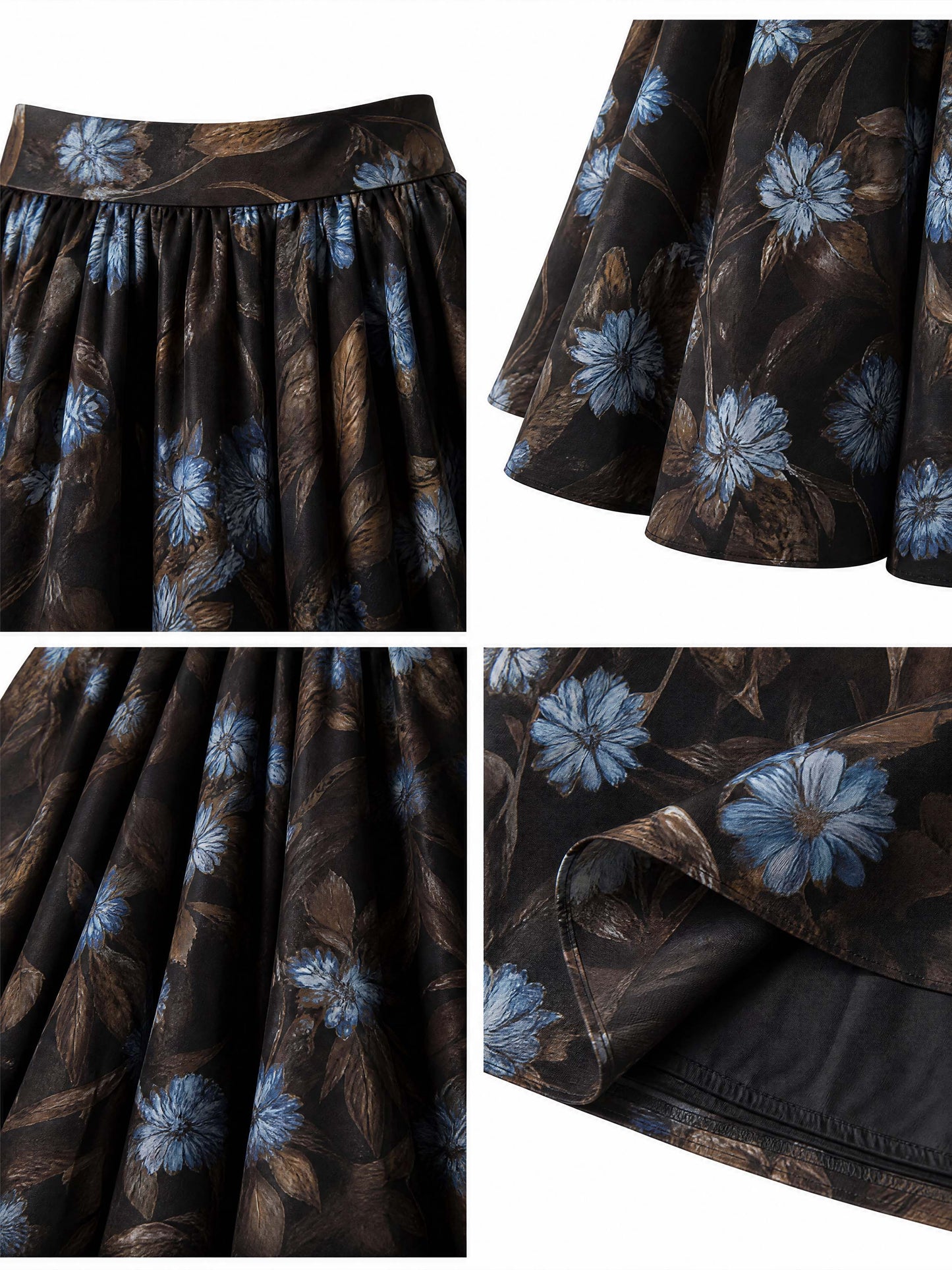 Vintage Brown Floral Print Flared Midi Skirt