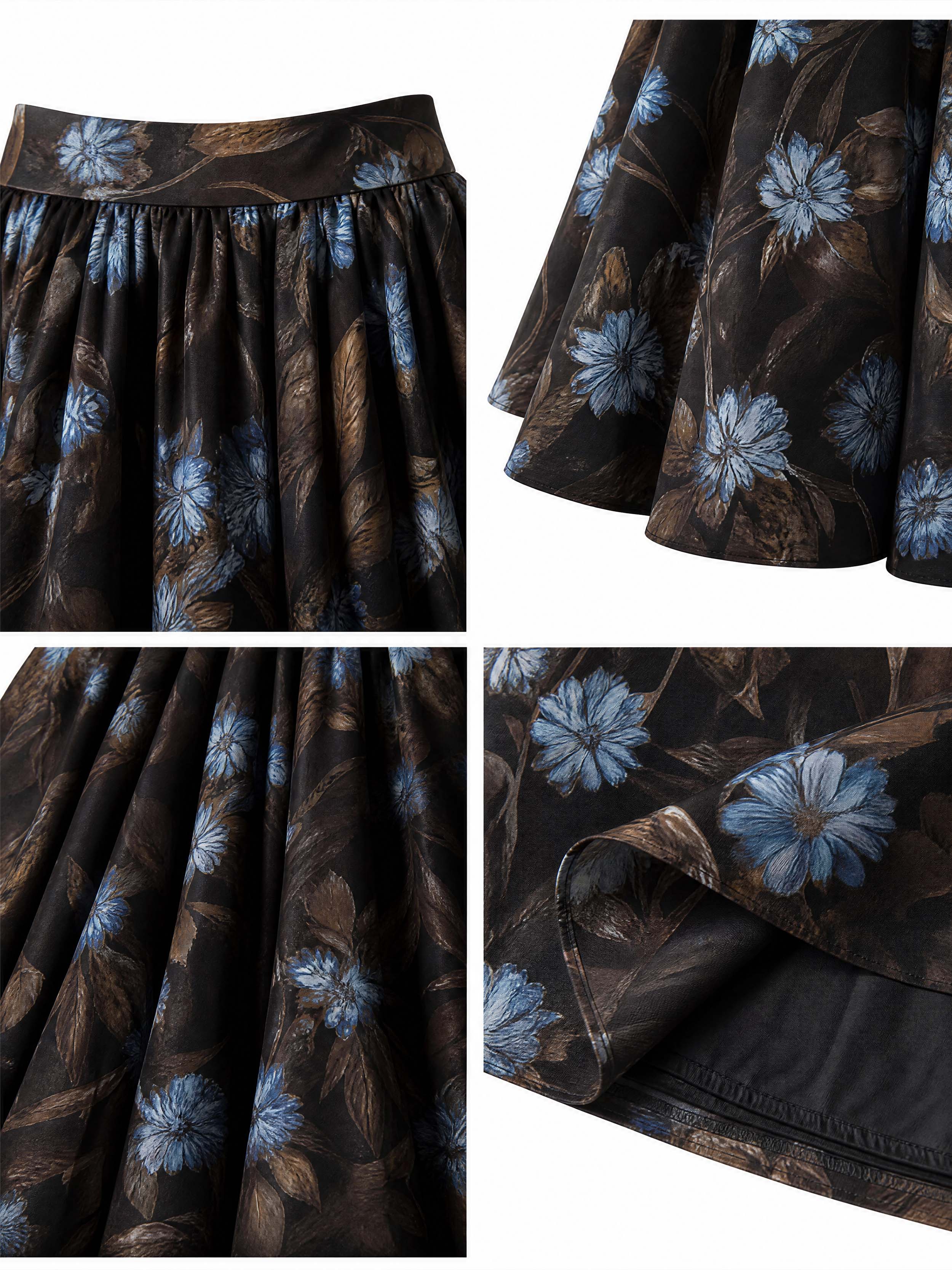 Vintage Brown Floral Print Flared Midi Skirt