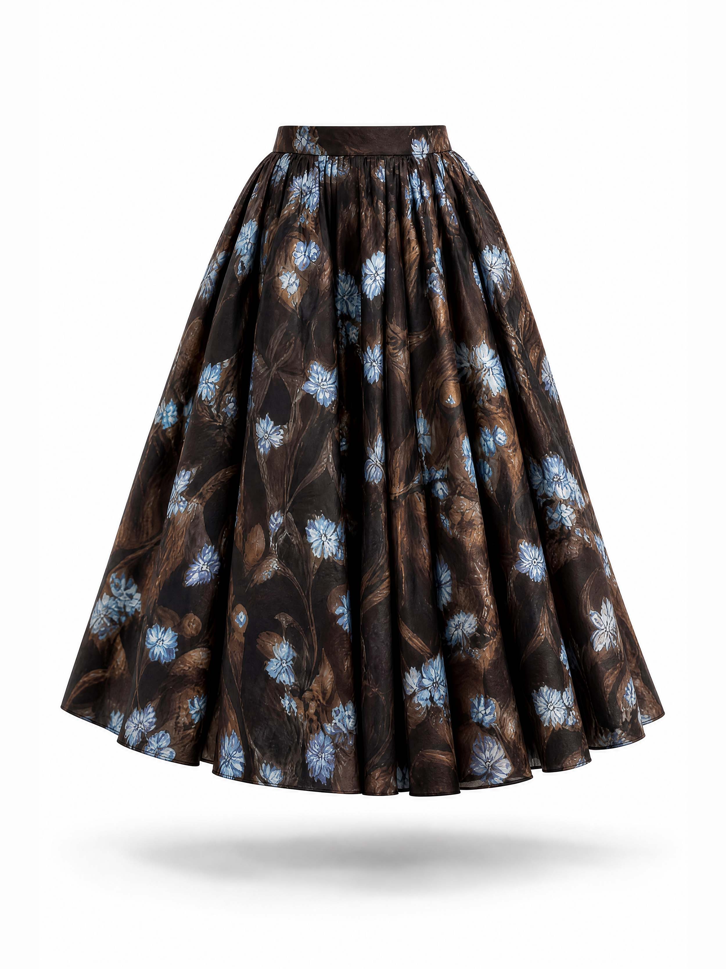 Vintage Brown Floral Print Flared Midi Skirt