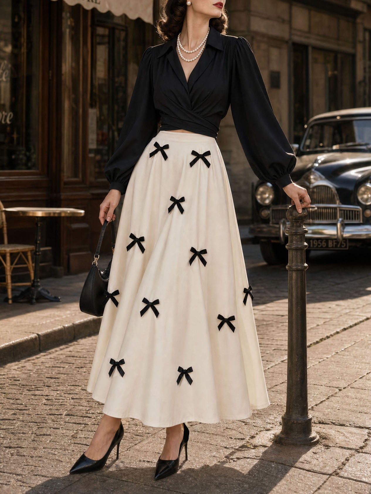 Vintage Bow Decoration And Waist Cutout Maxi Dress