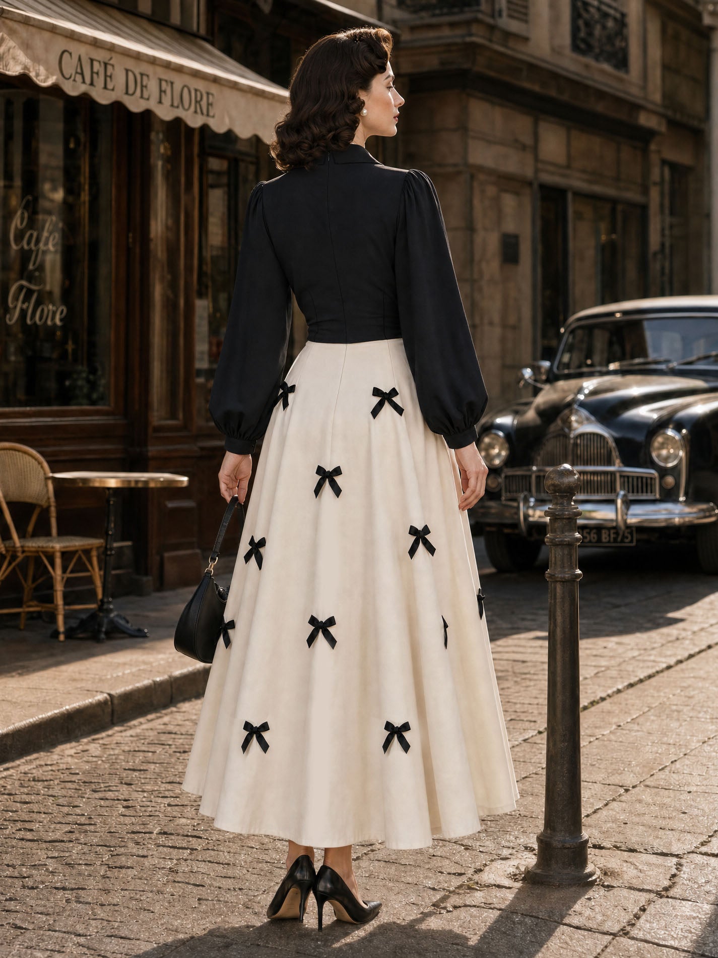 Vintage Bow Decoration And Waist Cutout Maxi Dress