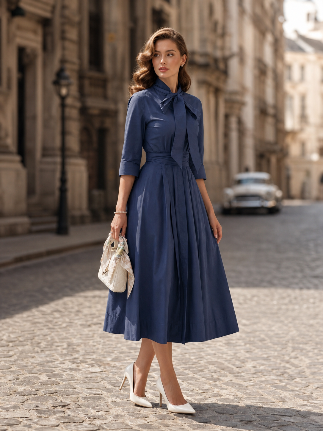 Vintage Navy Blue Bow-Tie Neck Midi Dress
