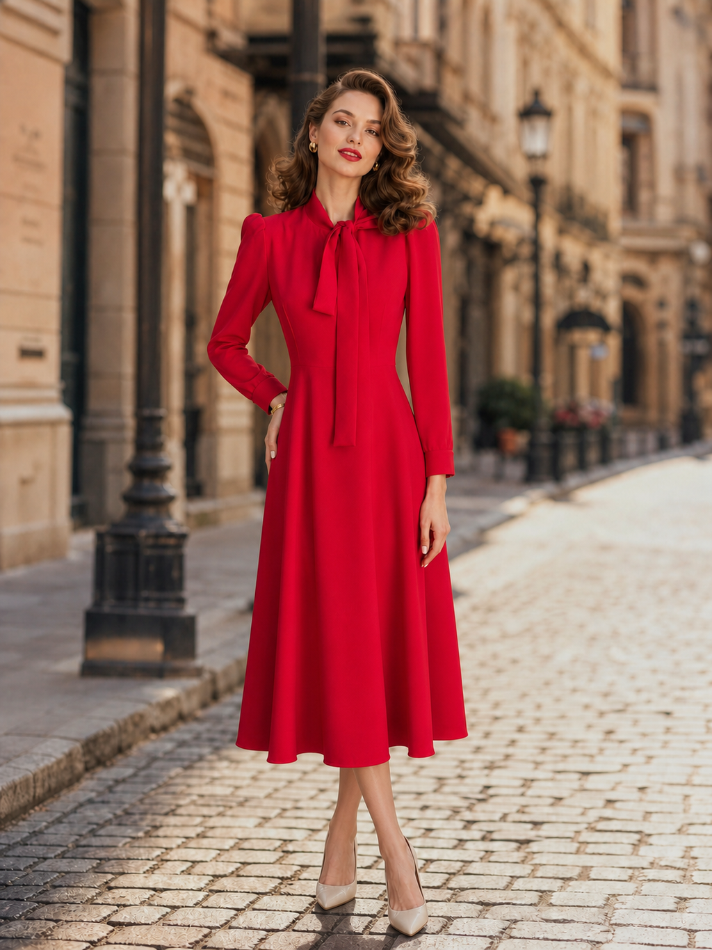 Vintage Elegant Red Pussy-Bow Tie-Neck Long-Sleeve Fit-and-Flare Midi Dress