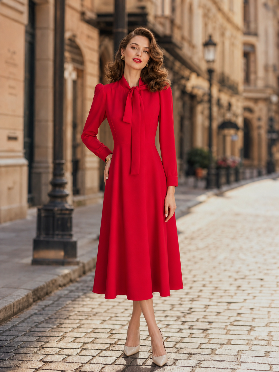 Vintage Elegant Red Pussy-Bow Tie-Neck Long-Sleeve Fit-and-Flare Midi Dress