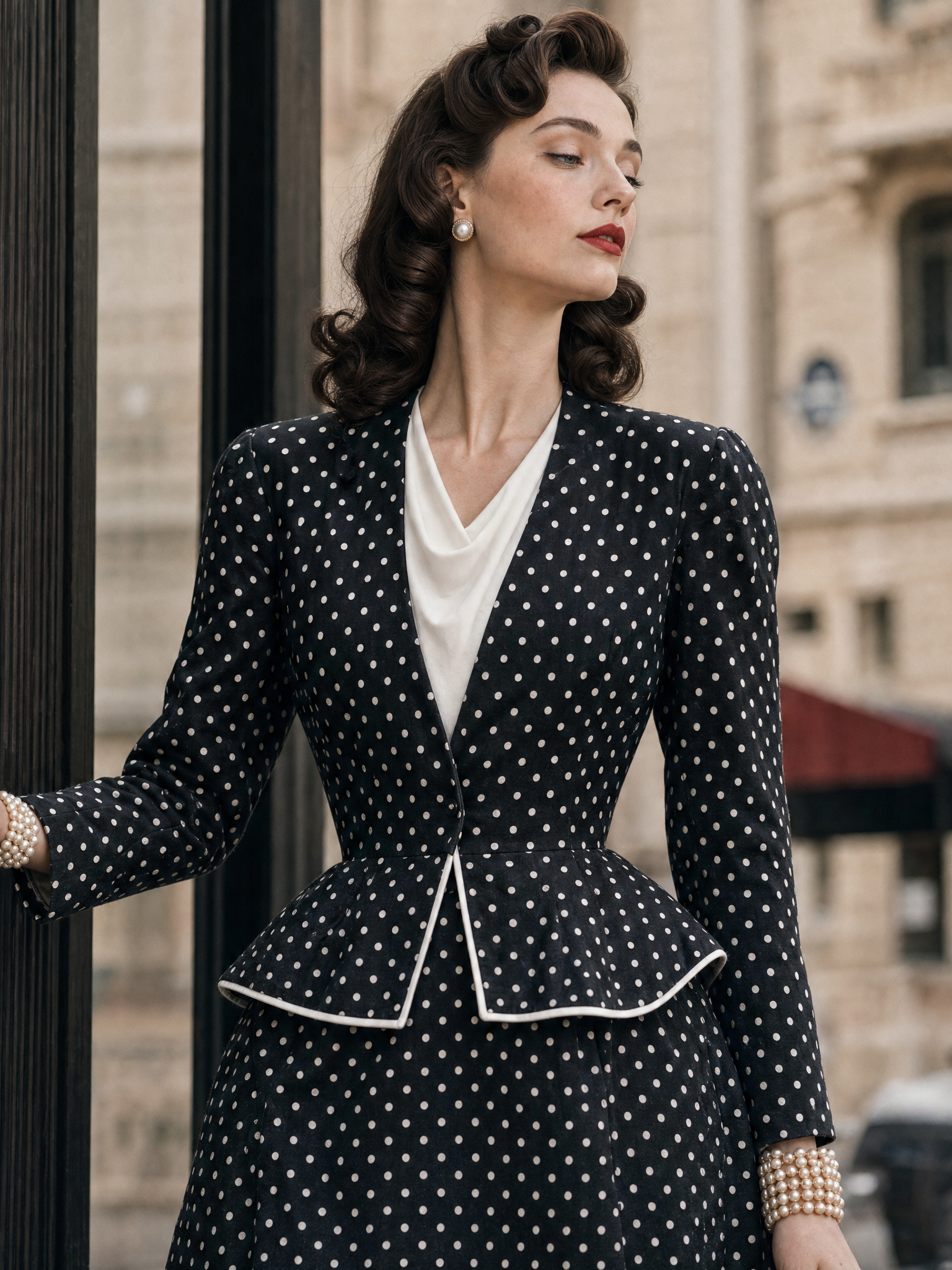 Vintage Polka Dot Blazer And Midi Skirt Two-piece Set