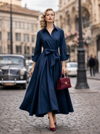 Vintage Tie-Waist Fit-and-Flare Cotton Shirt Maxi Dress