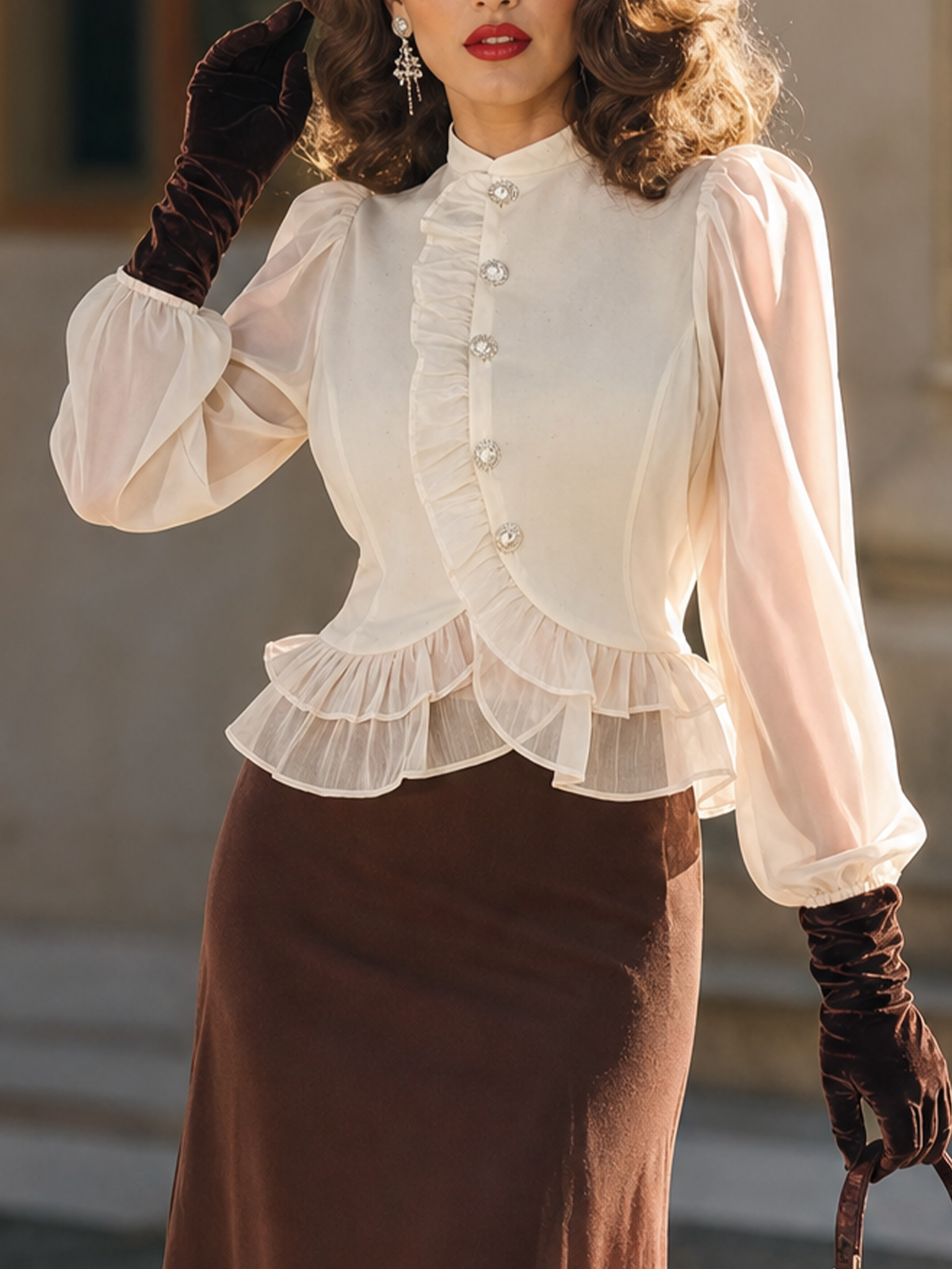 Vintage Ruffle Sheer Puff Sleeve Crop Mandarin Collar Blouse