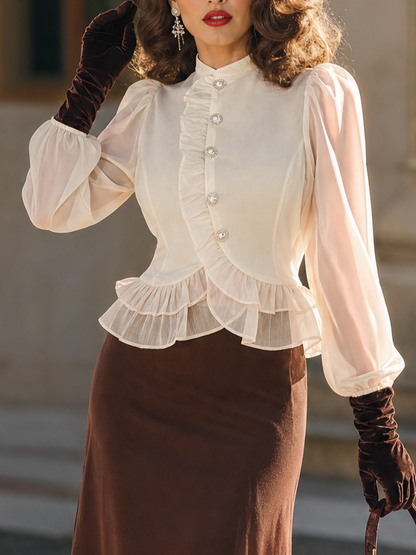 Vintage Ruffle Sheer Puff Sleeve Crop Mandarin Collar Blouse