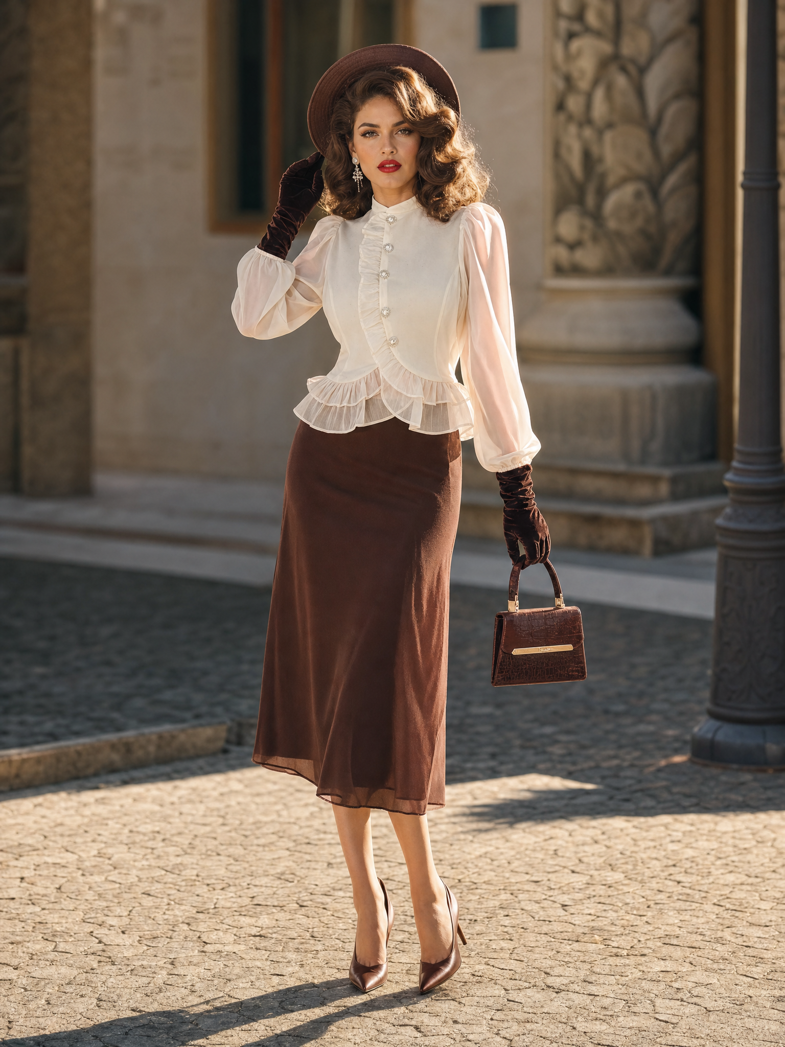 Vintage Ruffle Sheer Puff Sleeve Crop Mandarin Collar Blouse