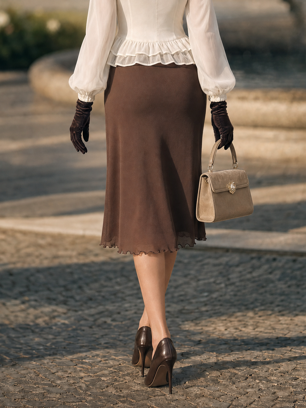 Vintage Textured Fitted Scalloped Hem Pencil Midi Skirt