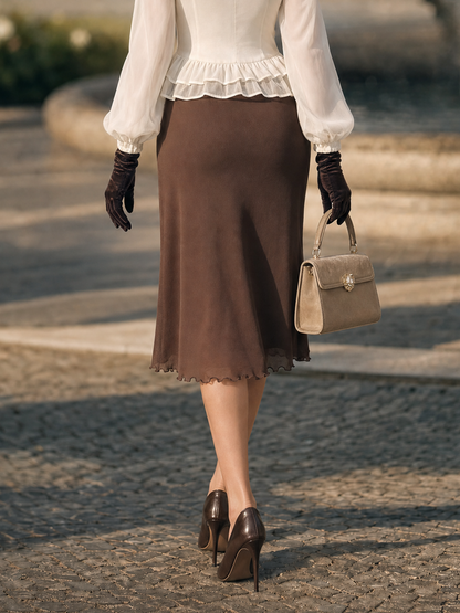 Vintage Textured Fitted Scalloped Hem Pencil Midi Skirt