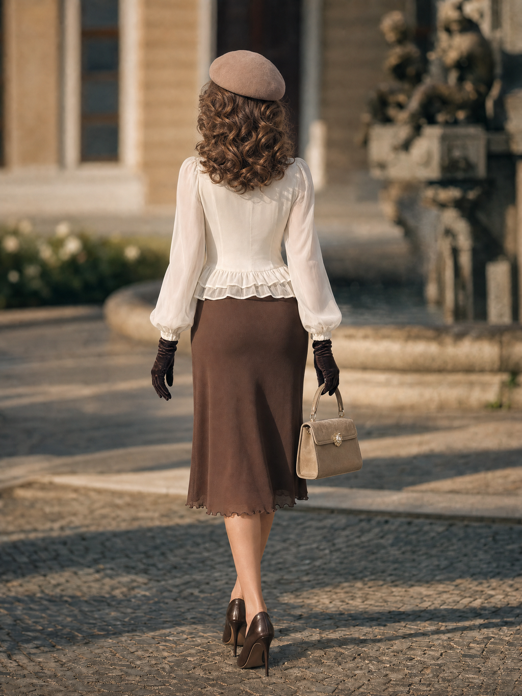Vintage Textured Fitted Scalloped Hem Pencil Midi Skirt