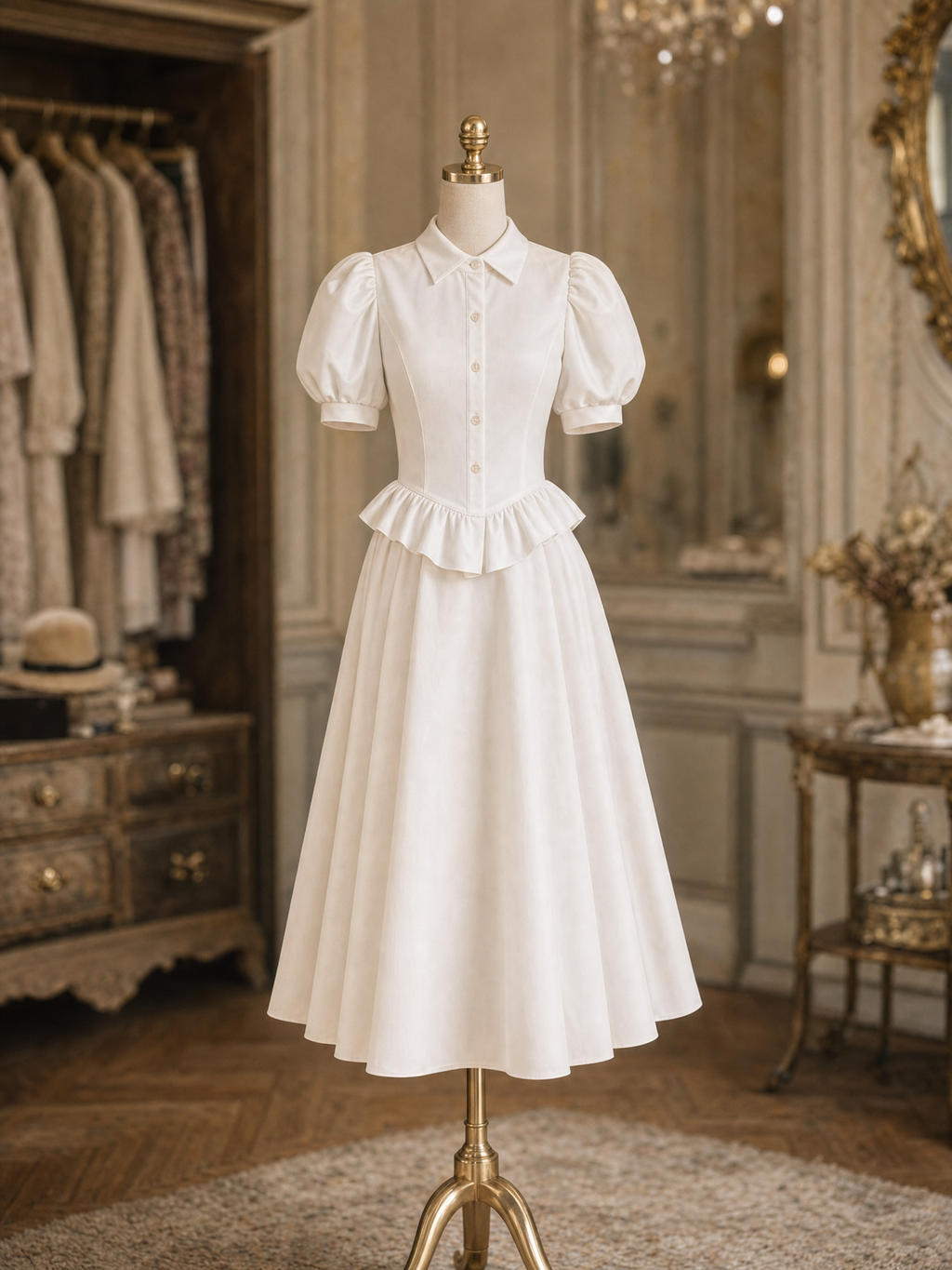 Vintage Hepburn Puff Sleeve Ruffle Waist White Shirt Midi Dress