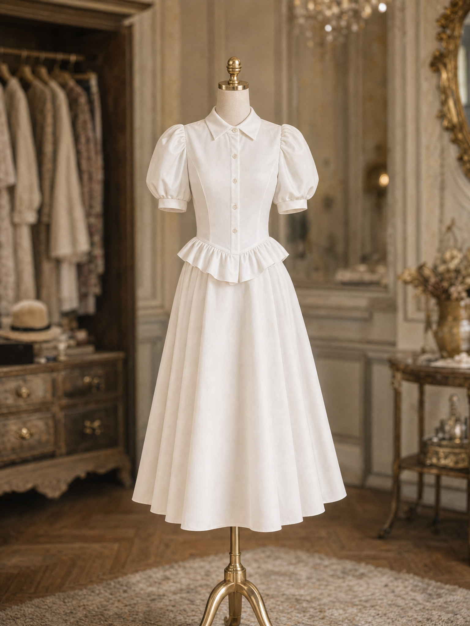 Vintage Hepburn Puff Sleeve Ruffle Waist White Shirt Midi Dress