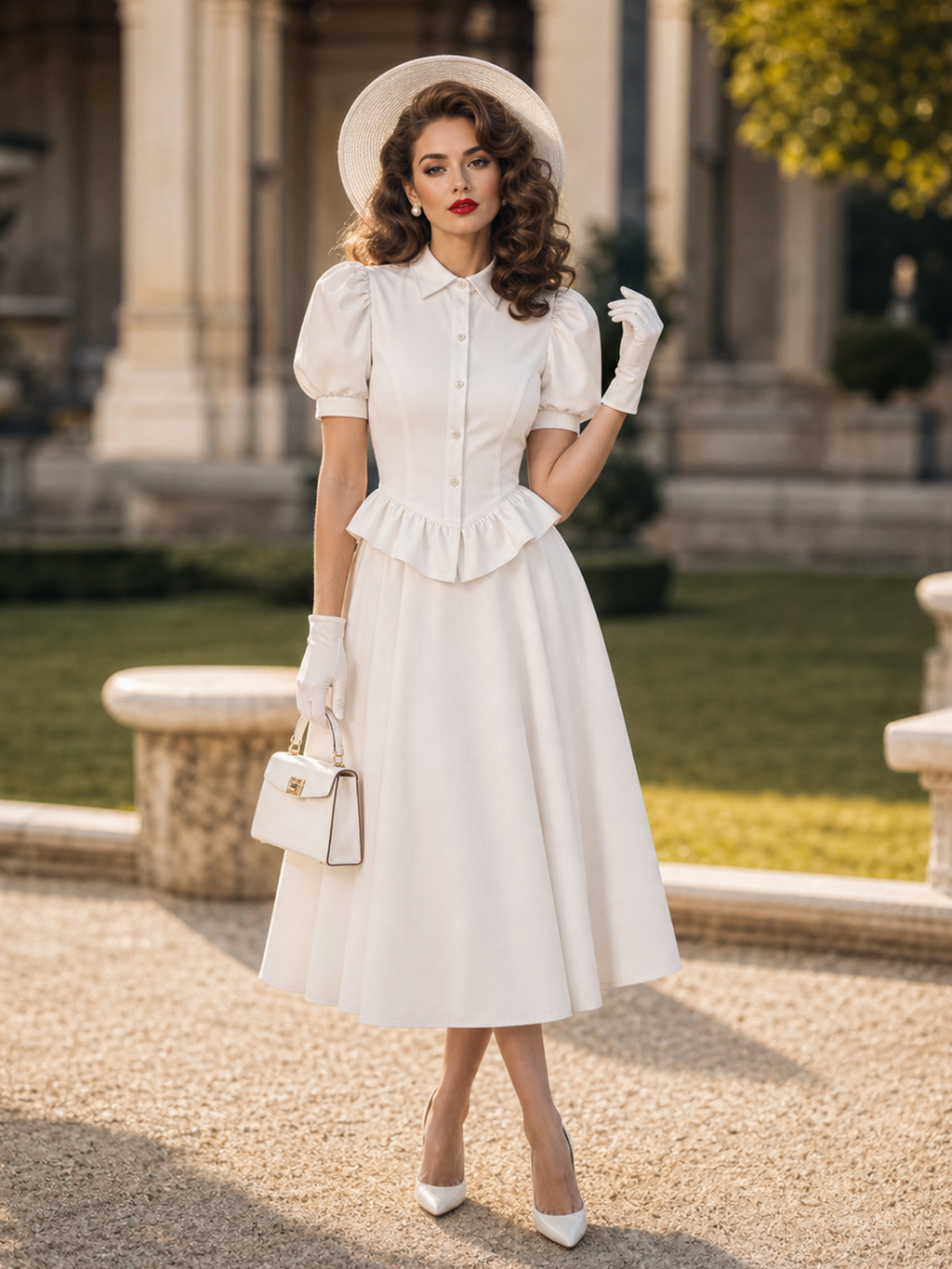 Vintage Hepburn Puff Sleeve Ruffle Waist White Shirt Midi Dress