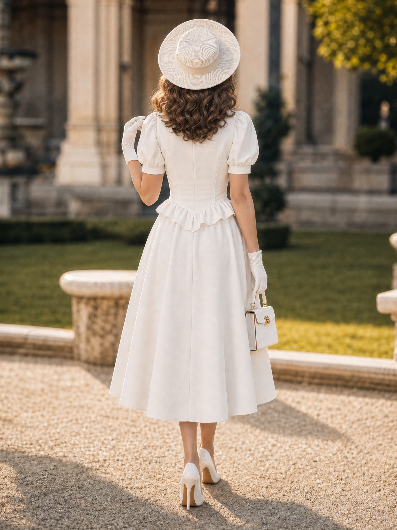 Vintage Hepburn Puff Sleeve Ruffle Waist White Shirt Midi Dress