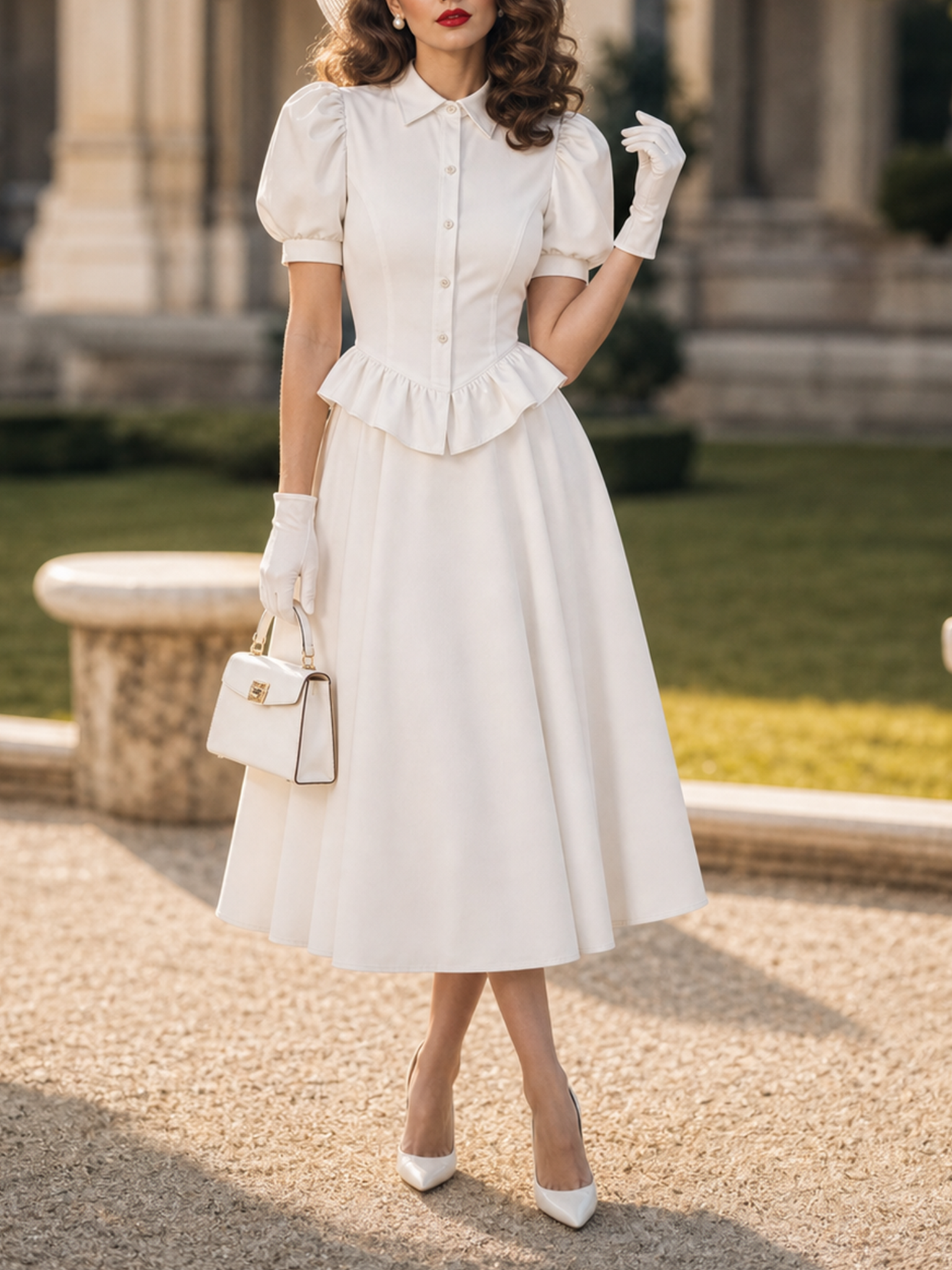 Vintage Hepburn Puff Sleeve Ruffle Waist White Shirt Midi Dress