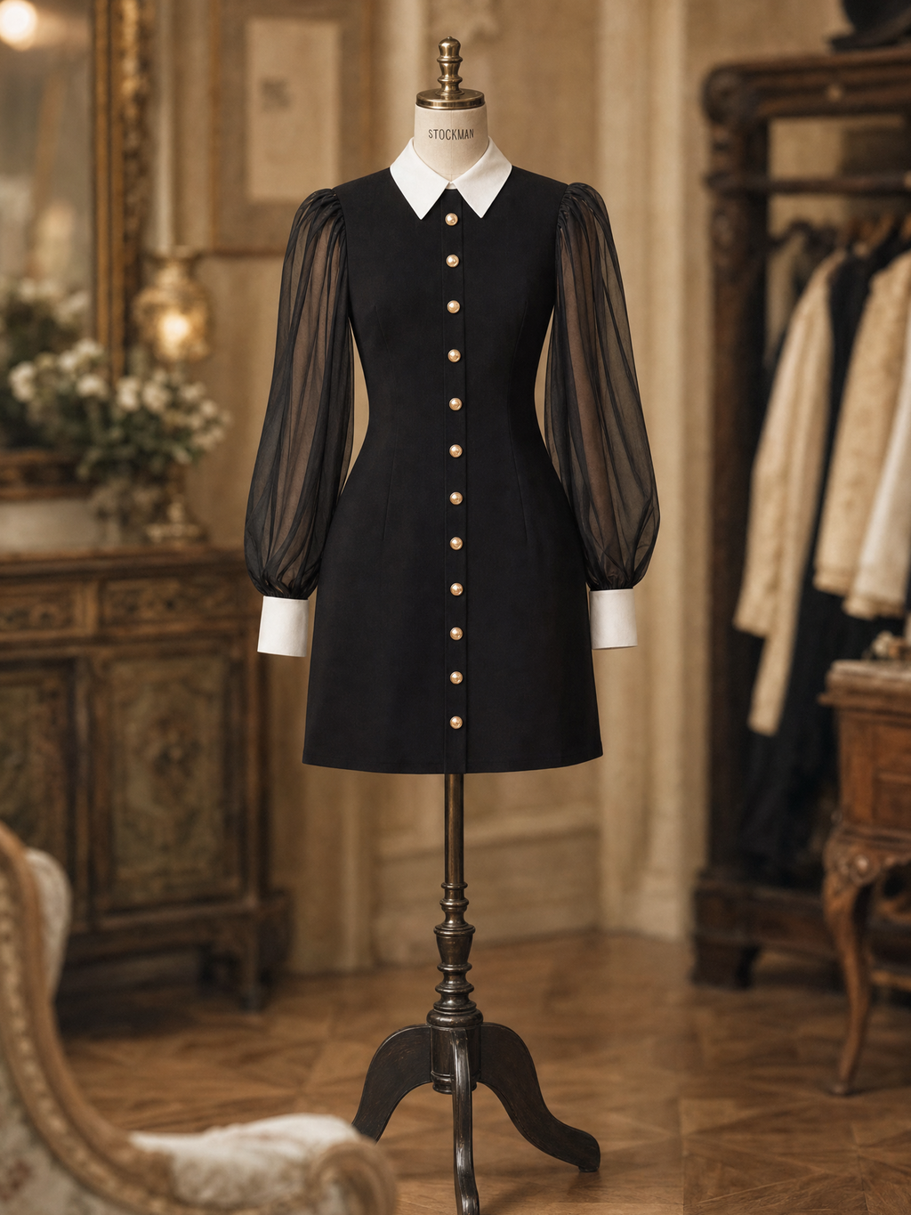 Vintage Hepburn Black White Contrast Tulle Puff Sleeve Fitted Mini Dress