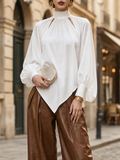 Vintage Mock Neck Cutout Lantern Sleeve Asymmetrical Pointed Hem Blouse