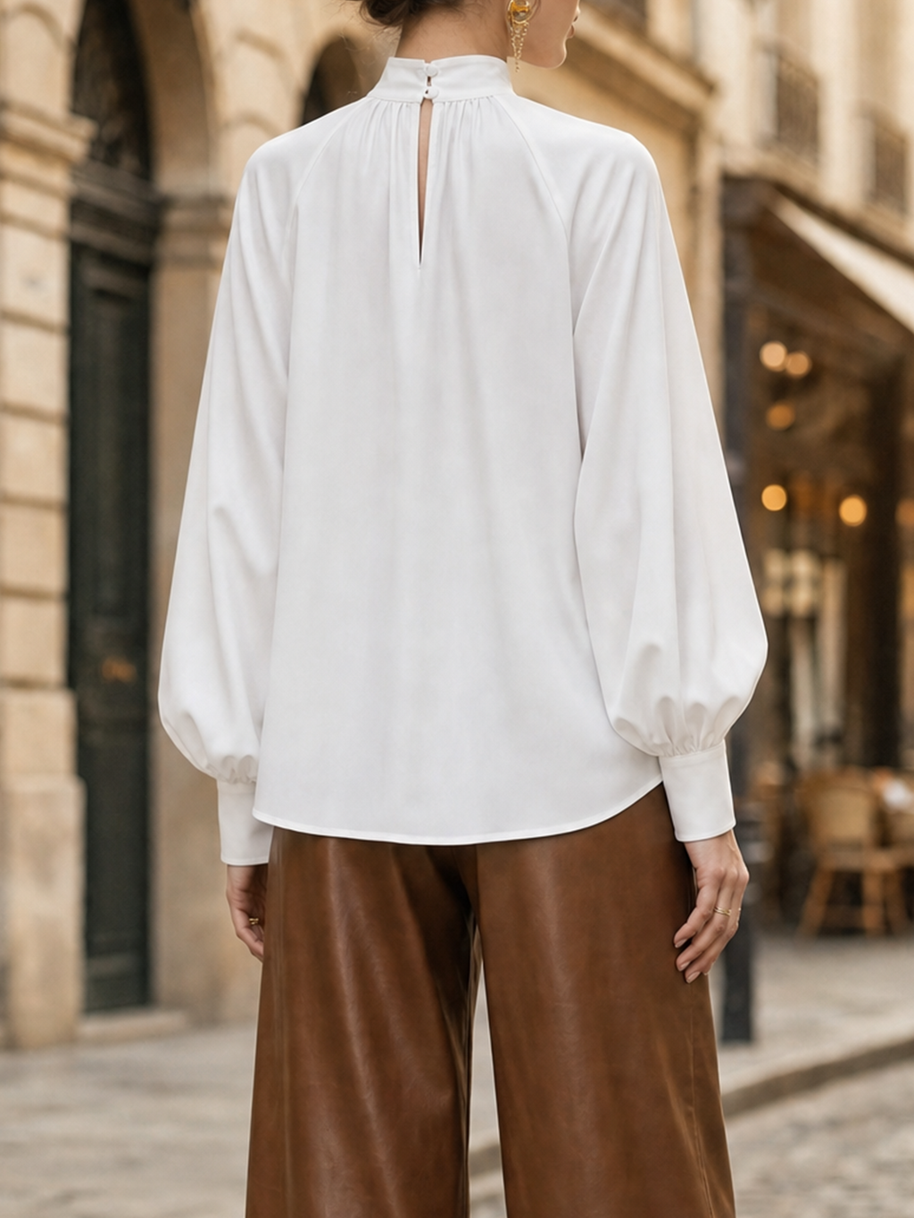 Vintage Mock Neck Cutout Lantern Sleeve Asymmetrical Pointed Hem Blouse