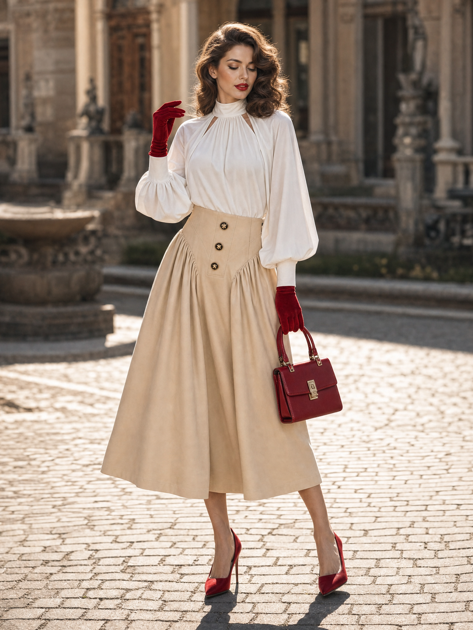 Vintage Mock Neck Cutout Lantern Sleeve Asymmetrical Pointed Hem Blouse