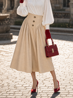 Vintage Hepburn High Waist Button Pleated Beige Swing Midi Skirt