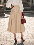 Vintage Hepburn High Waist Button Pleated Beige Swing Midi Skirt