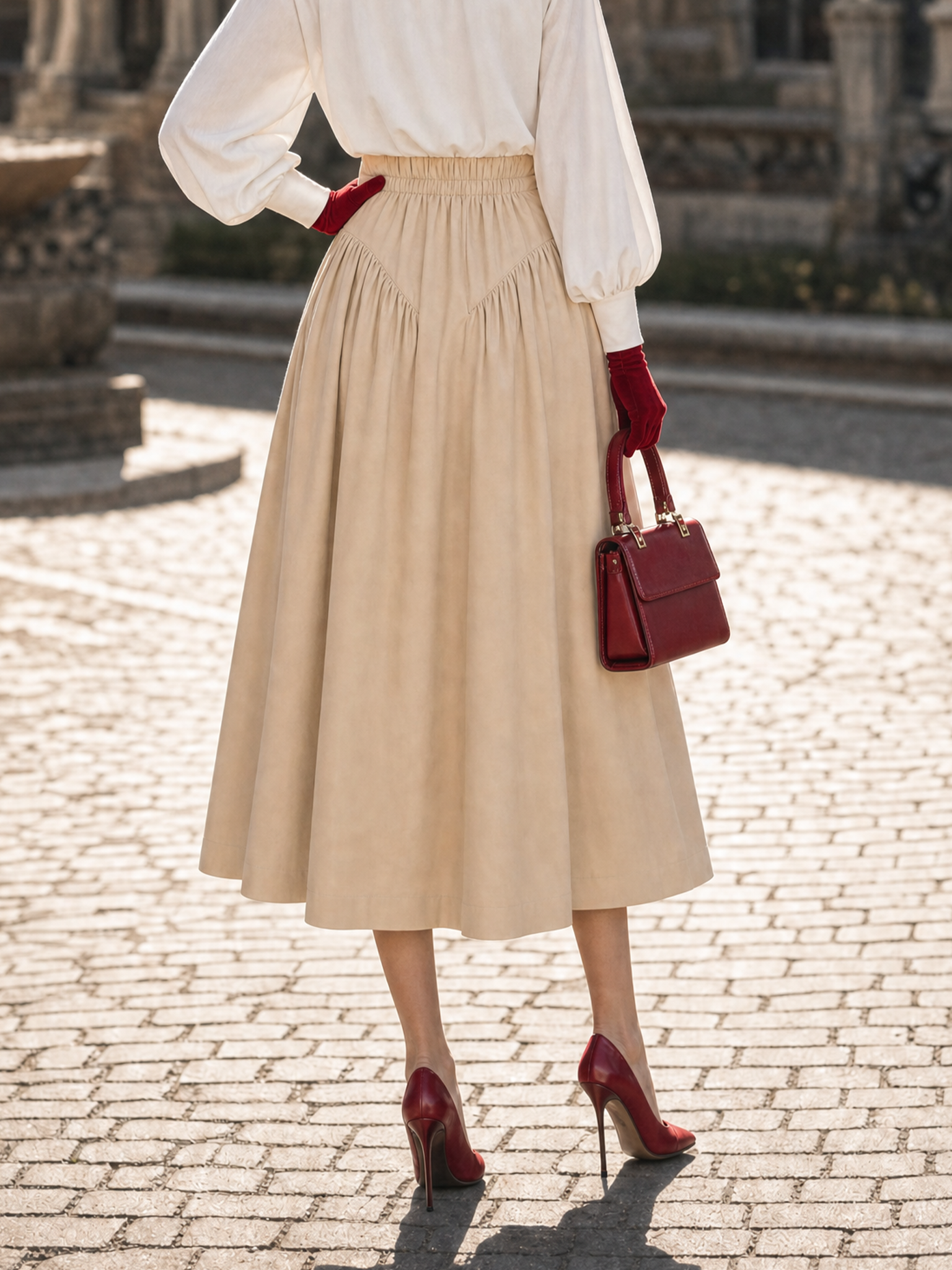 Vintage Hepburn High Waist Button Pleated Beige Swing Midi Skirt