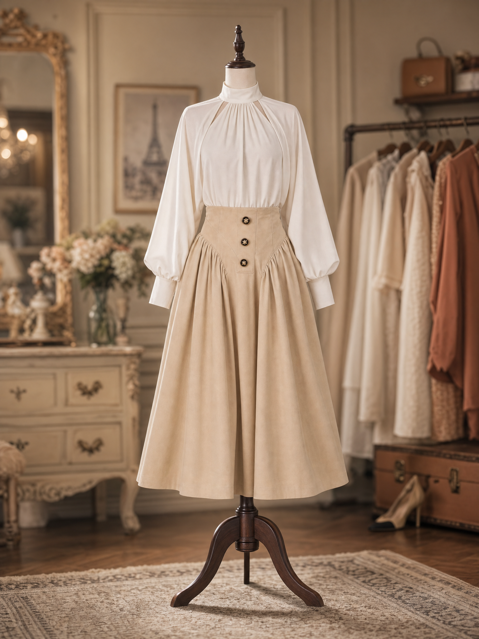 Vintage Hepburn High Waist Button Pleated Beige Swing Midi Skirt