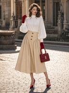 Vintage Hepburn High Waist Button Pleated Beige Swing Midi Skirt