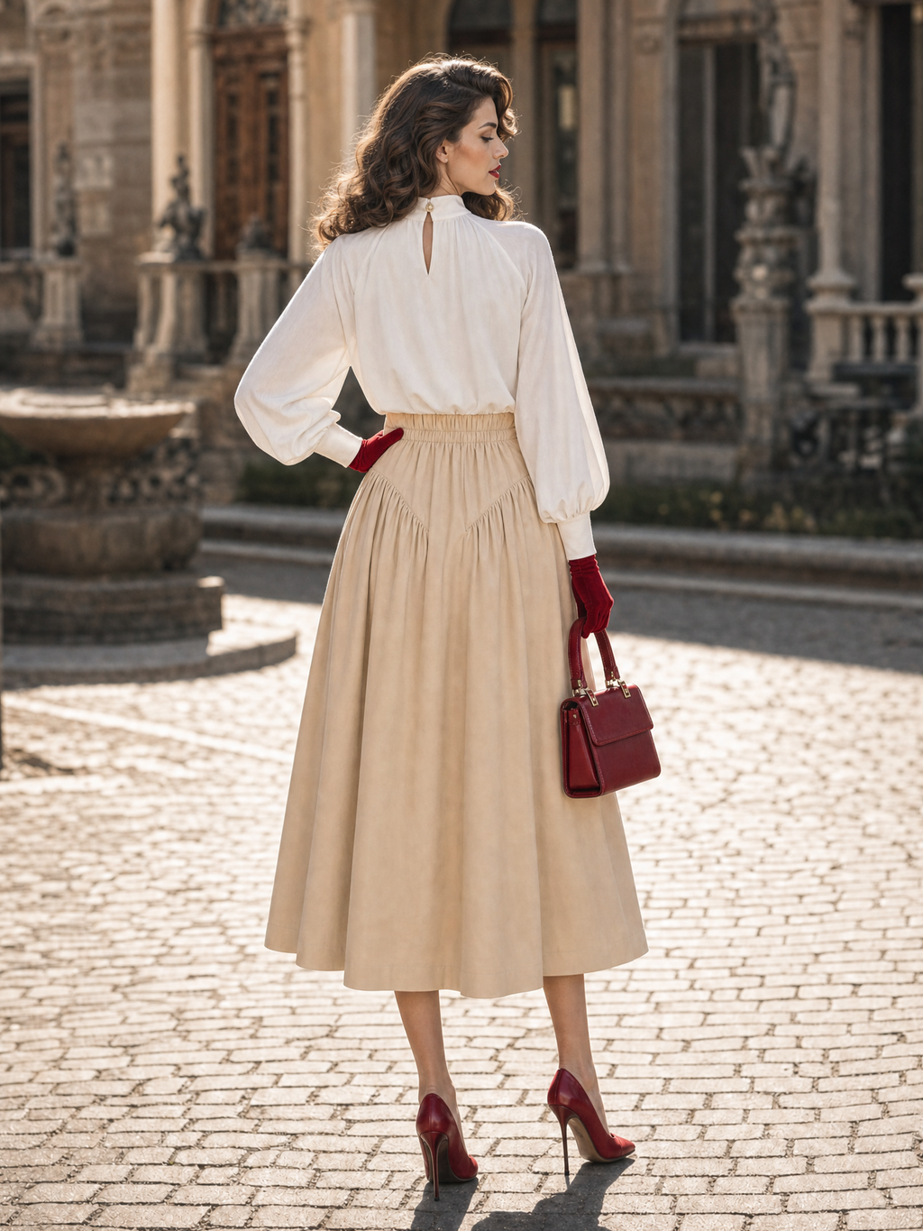 Vintage Hepburn High Waist Button Pleated Beige Swing Midi Skirt