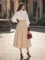 Vintage Hepburn High Waist Button Pleated Beige Swing Midi Skirt