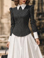 Vintage Hepburn Polka Dot Contrast Collar Puff Sleeve Fitted Blouse