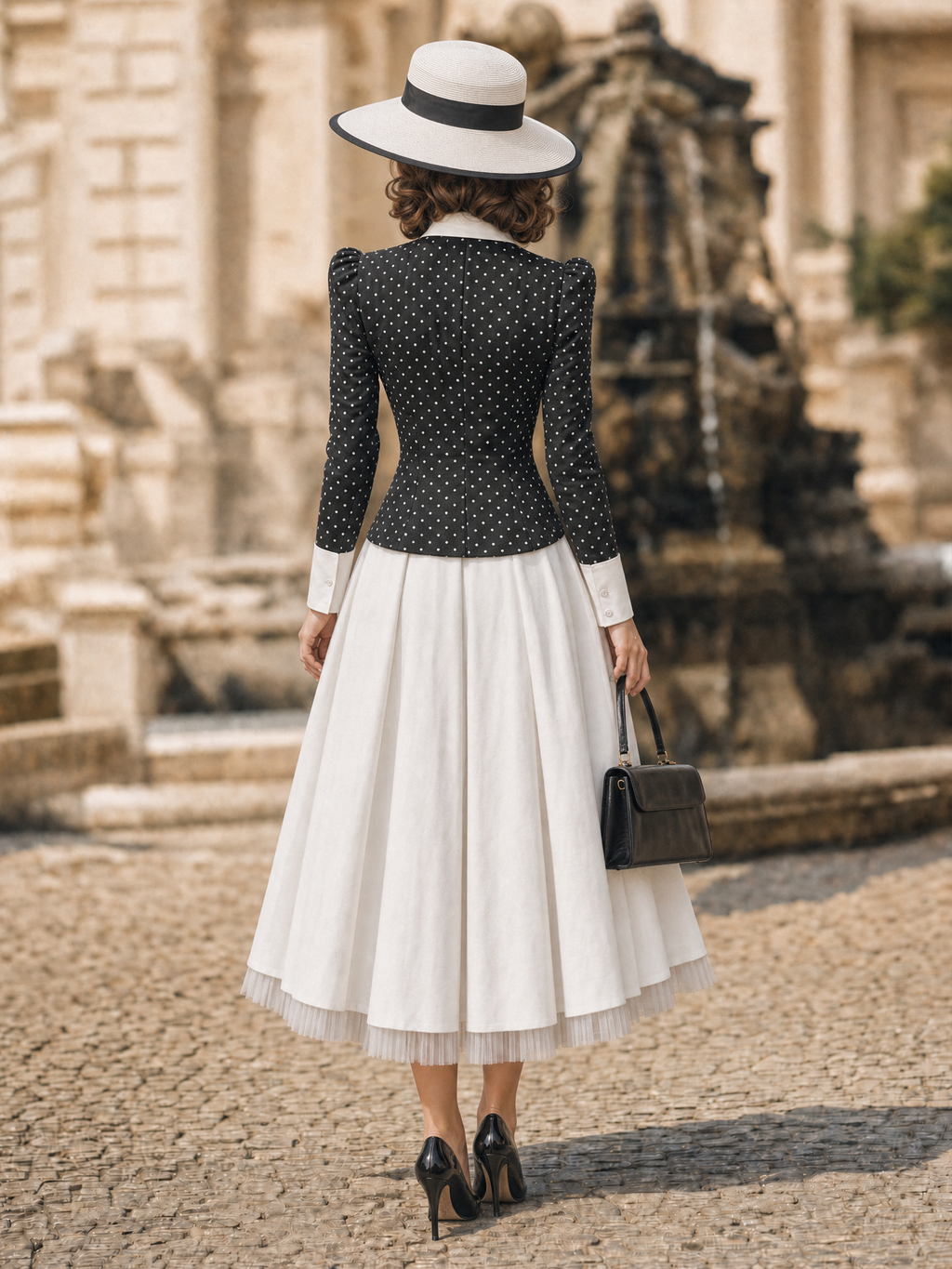 Vintage Hepburn Polka Dot Contrast Collar Puff Sleeve Fitted Blouse