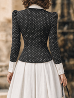 Vintage Hepburn Polka Dot Contrast Collar Puff Sleeve Fitted Blouse