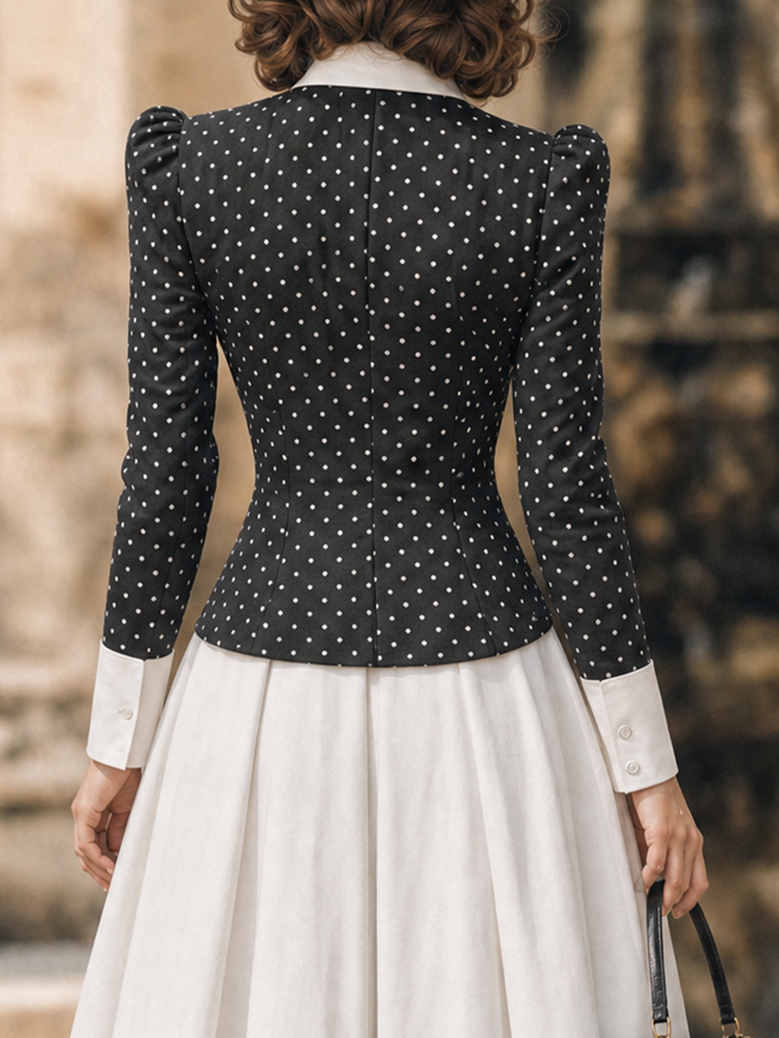 Vintage Hepburn Polka Dot Contrast Collar Puff Sleeve Fitted Blouse