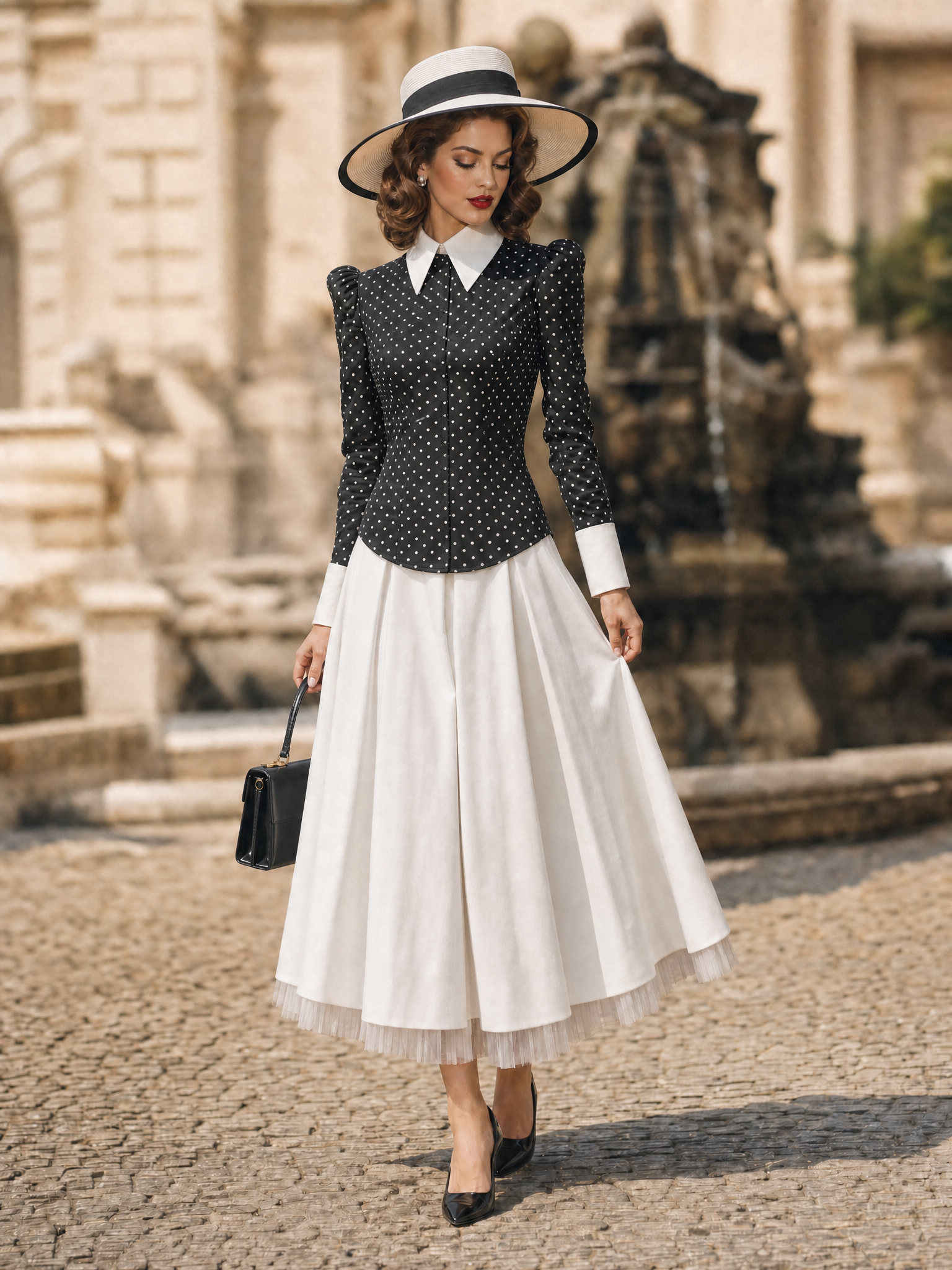 Vintage Hepburn Polka Dot Contrast Collar Puff Sleeve Fitted Blouse