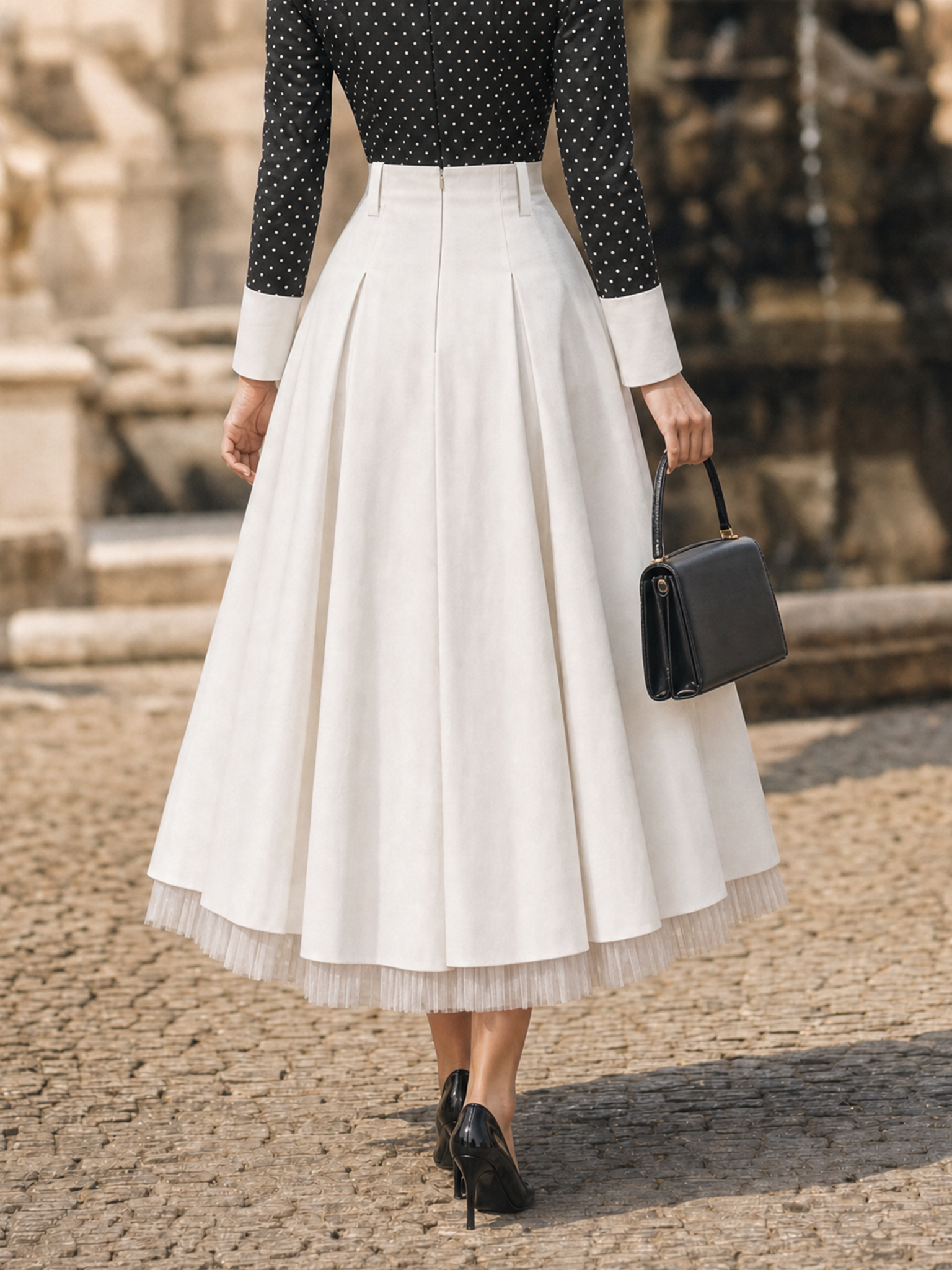 Vintage Hepburn Silhouette Draping White Slimming Midi Skirt