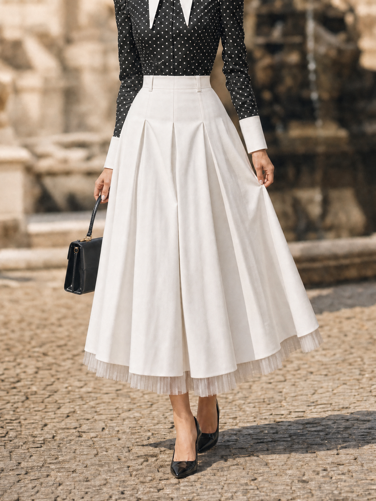 Vintage Hepburn Silhouette Draping White Slimming Midi Skirt
