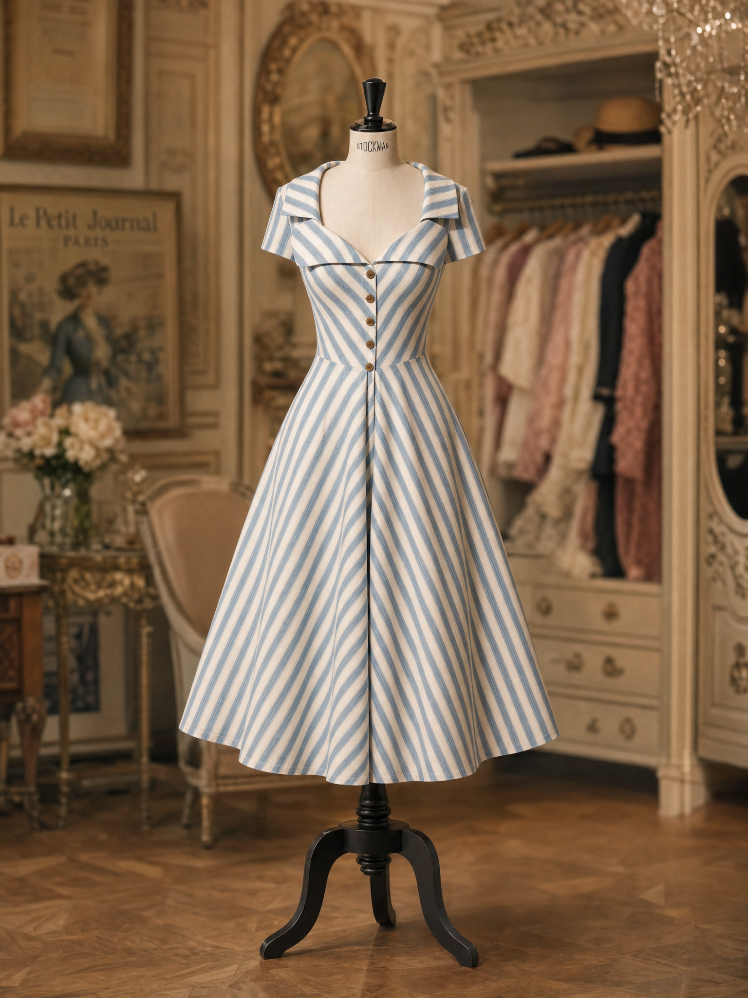 Vintage 1950s Blue White Stripe Hepburn Swing Midi Dress