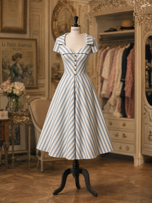 Vintage 1950s Blue White Stripe Hepburn Swing Midi Dress