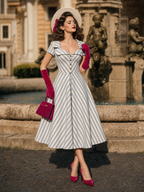 Vintage 1950s Blue White Stripe Hepburn Swing Midi Dress