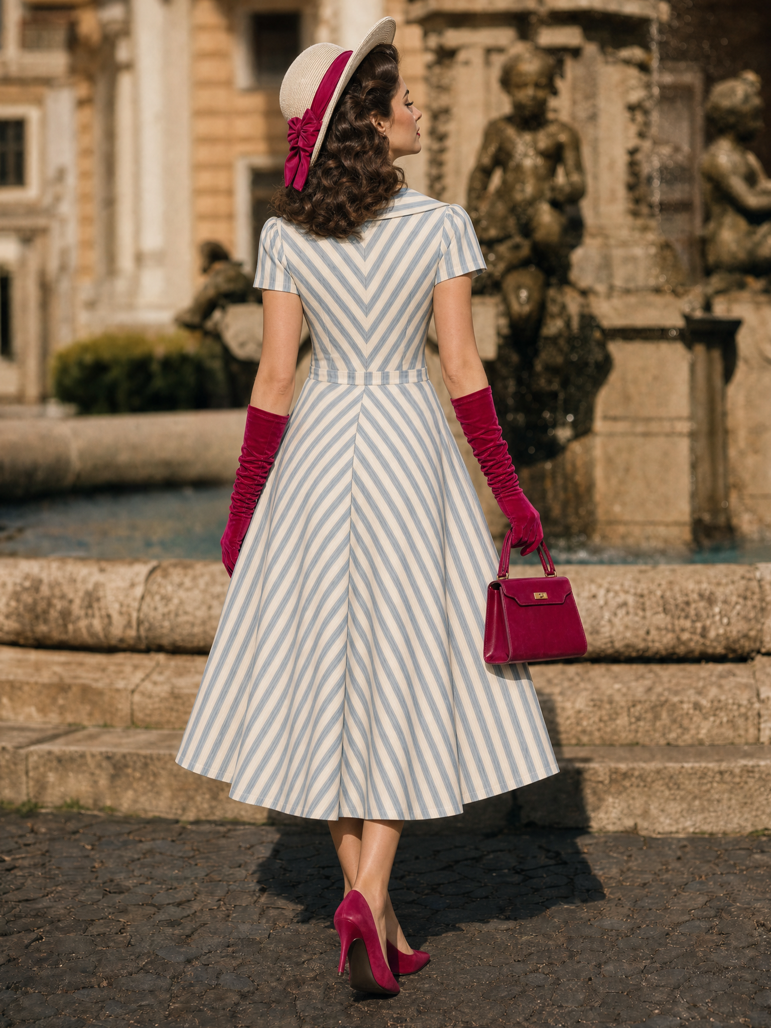Vintage 1950s Blue White Stripe Hepburn Swing Midi Dress