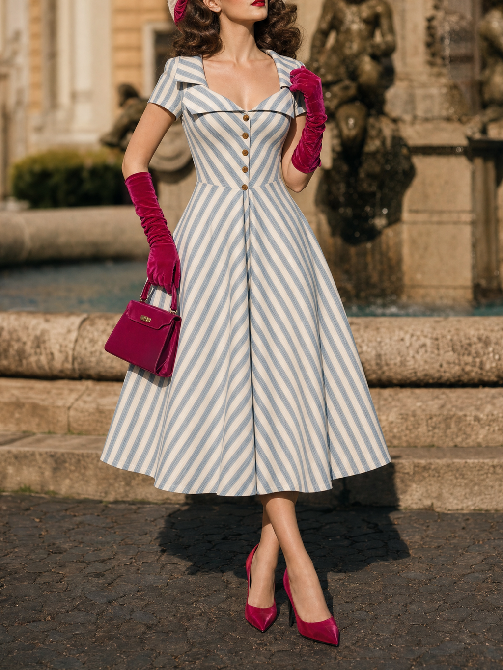 Vintage 1950s Blue White Stripe Hepburn Swing Midi Dress