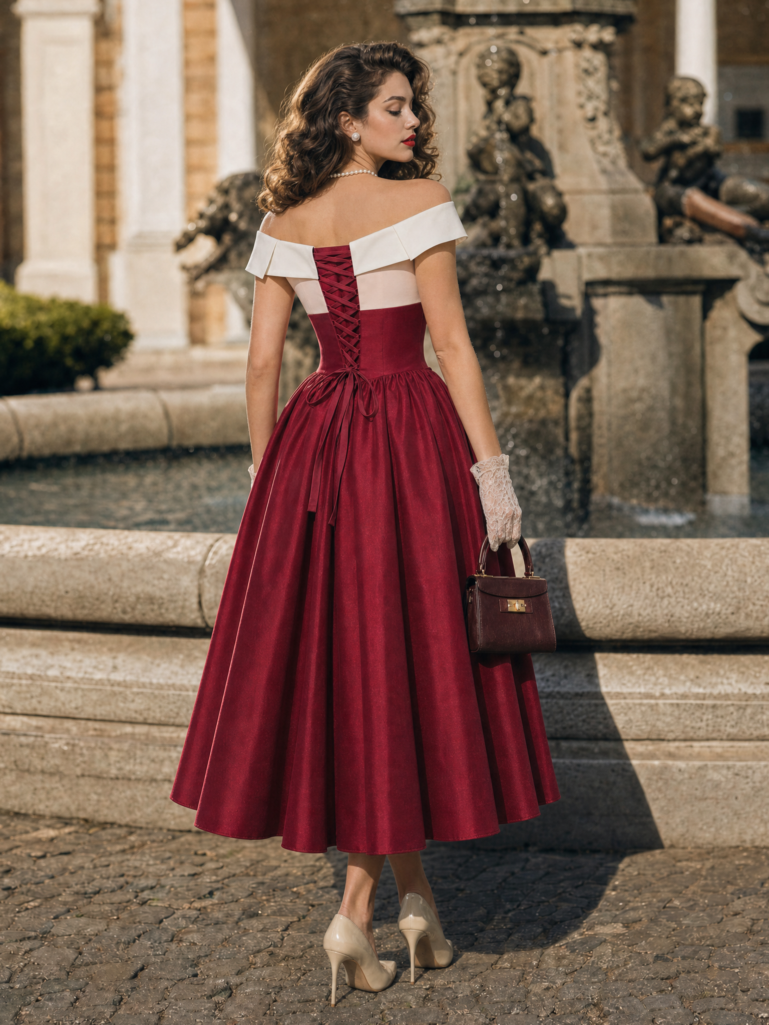 Vintage 1950s Two Tone Off Shoulder Satin Swing Midi Dress