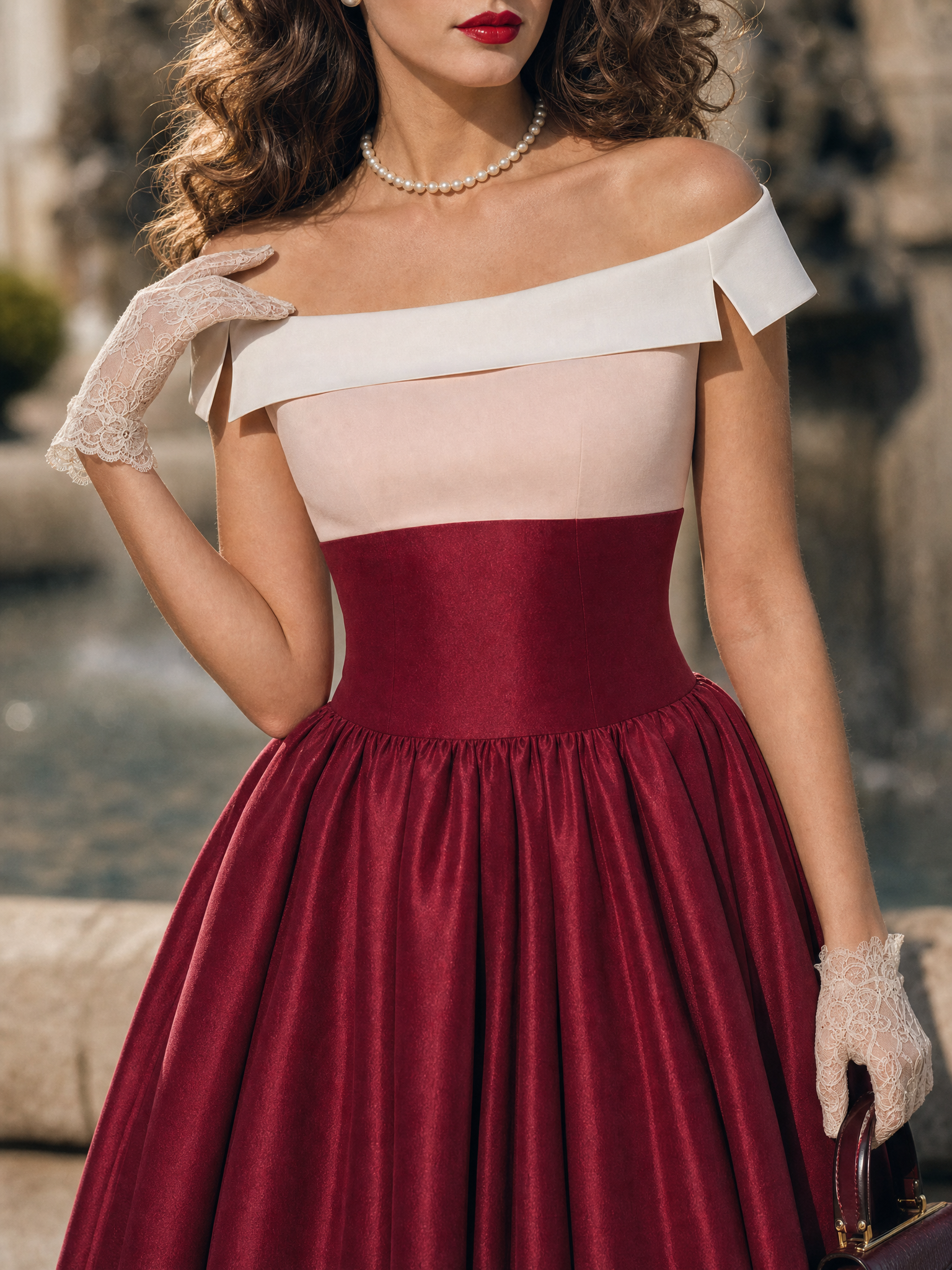 Vintage 1950s Two Tone Off Shoulder Satin Swing Midi Dress