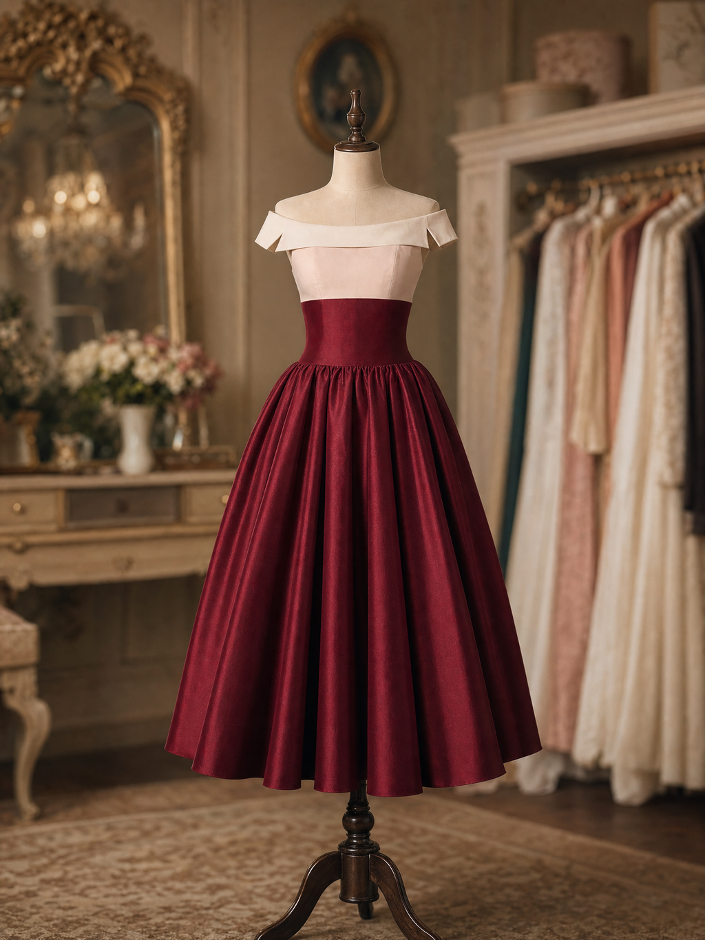 Vintage 1950s Two Tone Off Shoulder Satin Swing Midi Dress